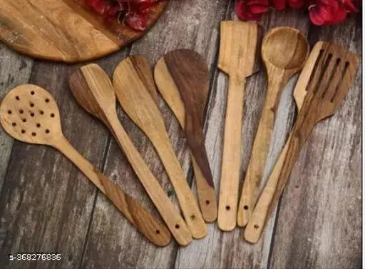 The City Shoppee Bright and Beautiful, Handmade Natural Wood Sheesham Without Polish in White Wooden Serving & Cooking Spoon's & Kitchen Tools (Set of 7)
