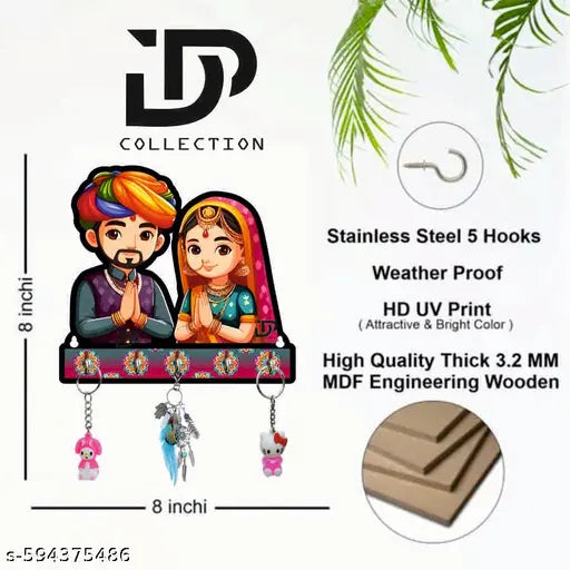 Traditional Rajasthani  Wooden Wall Key Holder  for Home Decor with Stylish Stainless Steel 5 Hooks Beautiful Key Organizer | Designer Wall Decor | Wall Art Decorative Items | Wall Decoration