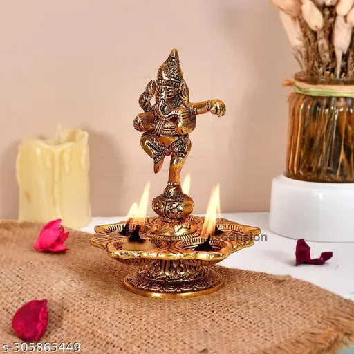 Metal Dancing Ganesh Diya with 5 Wick Holder with Stand for Pooja Room Diwali Home Decoration Antique Lord Ganesha Diya for Temple Oil Lamp...