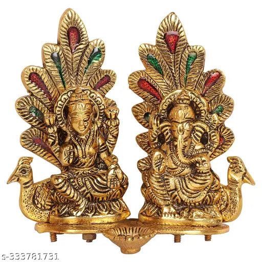 Lakshmi Ganesha Metal Idol with Diya | Peacock Design | 14 cm | Diwali Pooja & Home Temple Decor
