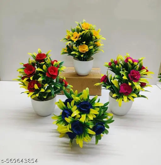 A4U Stylish Wild Natural Looking Perfect Home Decoration Office Deco Temple Deco Indoor Deco Flowers  Multi Color Wild Flower Artificial Flower with Pot (14 cm, Pack of 4, Flower with Basket )