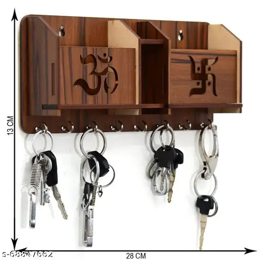SK WOODEN CRAFT 2 Pocket Pen Stand Om Swastik 7 Hook Brown Wood Key Holder Wood Key Holder (7 Hooks, Brown)