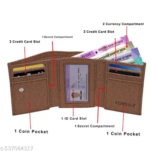 LORENZ Men's Trifold Wallet, Brown Textured Fabric, 6 Card Slots, 2 Currency Compartments, 2 Secret Pockets, ID Window | WL-98