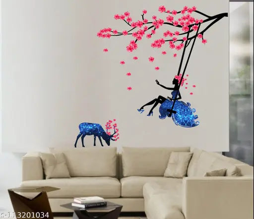 Fairy Swings on a Flower Branch with Deer ( PVC Vinyl, 86 X 92 )