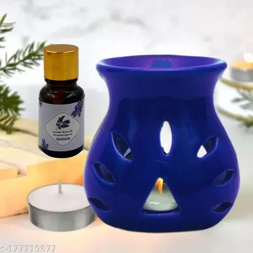 Home Delight Blue Ceramic 1 Tealight Candles Aroma Diffuser With 10ml Lavender Fragrance Oil Diffuser Set