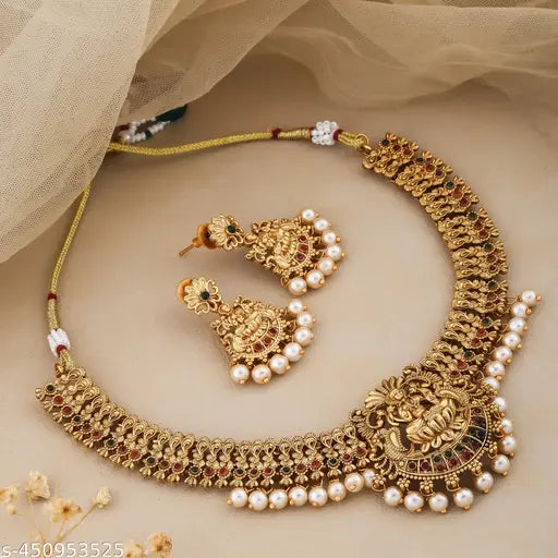 South Indian Temple Trendy Design Copper Gold Plated Matte Pearl Necklace Jewellery Set For Women And Girls Wending Fashion Use Set