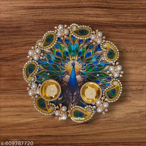 Peacock feather roli chawal Thali – Divine Elegance