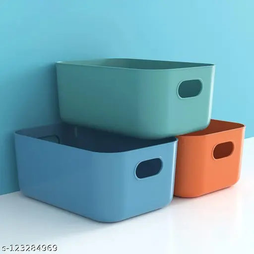 3 Pieces Plastic Storage Basket Multipurpose Colorful for Kitchen & Home Organiser Box for Wardrobe, Fruits Vegetables, Toys, Stationary items (25 x 16.5 x 10 cm)
