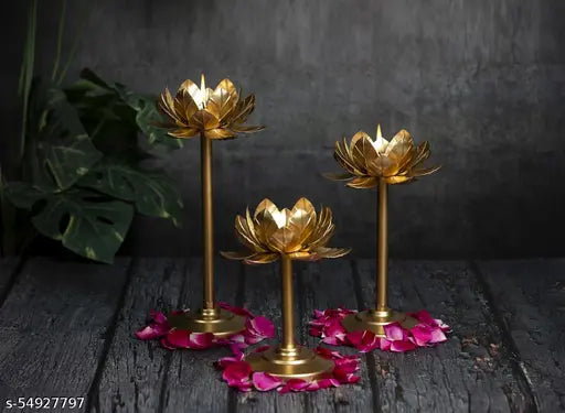 modern Golden tealight holder has stylishly shaped Lotus Tea Light Candle Holder Stand for Flower Shape Metal Beautiful Design Home Decoration Festival Occasions  Combo Pack of 3