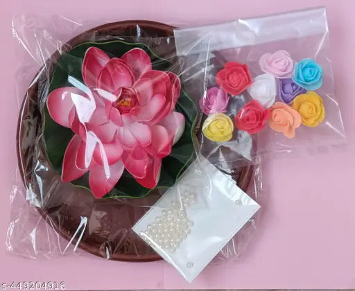 Floating lotusflower pack of 1 with 1 plastic tray, 10 artificial rose and pearl beads