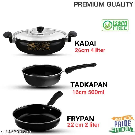 Induction kitchen cookware/Baskeware set, pack of 11 pcs (Kadai, Steel Dhakkan/Lid, Fry pan, Sauce Pan, Tadka Pan, Tawa & 5 wooden Spectula)
