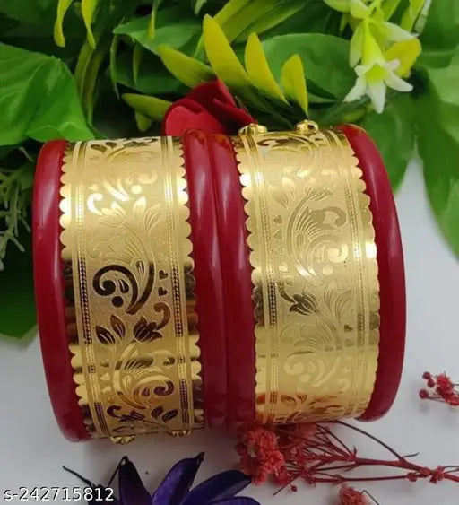 Gold Plated Maroon Stone Chuda Chura Bangle Set Indian Traditional Bridal Jewellery for Women Girls