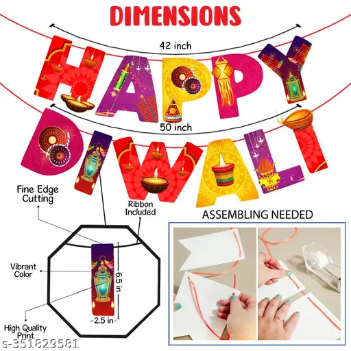 Zyozi Happy Diwali Decorations Items/Diwali Decorations Kit - Happy Diwali Banner & Rice Light (Pack Of 2)