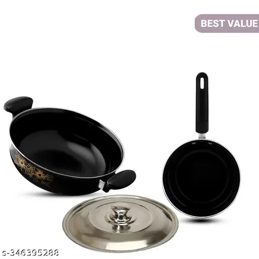 Induction kitchen cookware/Baskeware set, pack of 11 pcs (Kadai, Steel Dhakkan/Lid, Fry pan, Sauce Pan, Tadka Pan, Tawa & 5 wooden Spectula)