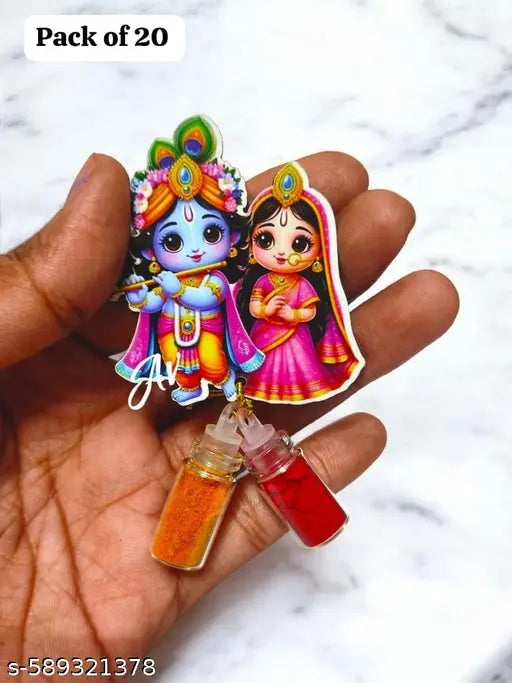 Artistic Dreams 20pcs Premium MDF Radha Krishna Ji Decorated Roli Haldi Kumkum Glass Bottles – Elegant Return Gifts for Pooja, Wedding, Festive Functions, and Traditional Celebration