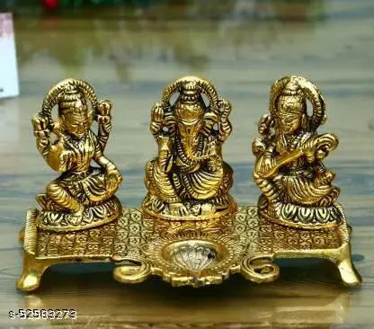 Laxmi Ganesh Sarawati Choki with 1 Diya set For Vastu,Home,Temple, Office, Gifting and Purpose Luck and Happiness Metal Size L-B-H-18x10x10 cm