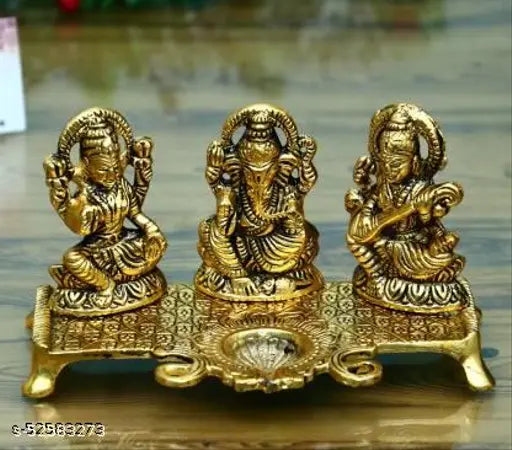 Lakshmi Ganesha Saraswati with Diya Metal Idol Set | 18 cm | Diwali Pooja & Home Temple Decor