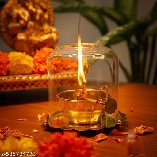 M.A COLLECTION - 100% Pure Brass Akhand Jyot Diya with Adjustable Bati Knob, Wick Lifting Screw Lever & Borosilicate Glass Cover (5.5inch, 150-200 ml Oil Capacity, Stay Lit for 24 Hours, Wick Included)