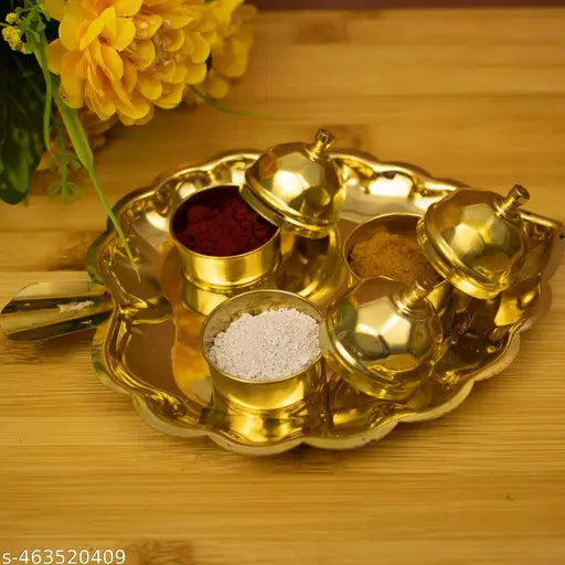 Putrika Traditional Handcrafted Brass Thali Haldi kumkum Chandhan Holder Stand Plate with Lid for Pooja/Worship - 3 Leaf Bowl - Small