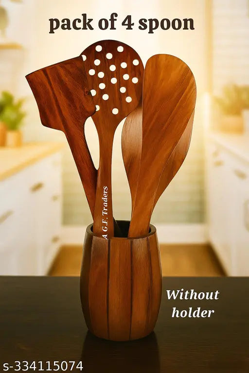 (Without holder) Festive Handmade Wooden Kitchen Spoon Set Of 4