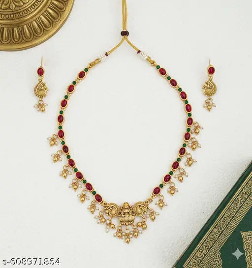 Traditional Temple Jewellery Gold Plated Necklace Set with Ruby Stones & Pearls