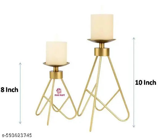 Luxury Gold Metal Candle Holder Set of 2 – Modern Tripod Pillar Candle Stand for Home & Festive Décor
