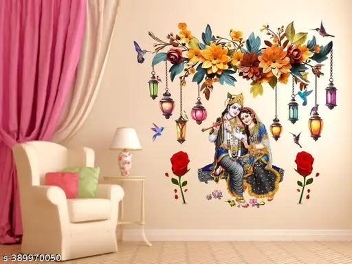 DivineDesigns Radha Krishna Flowers & Jhoomar Wall Sticker
