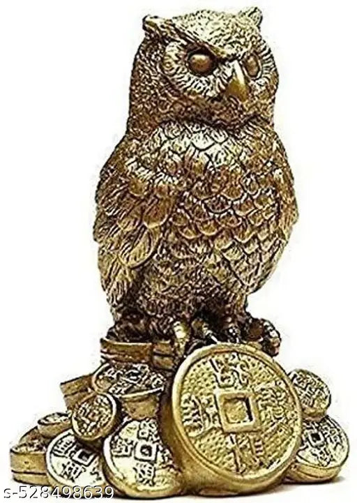 DVS Owl Standing on a Pile of  Idol Statue For ,Good Luck & Prosperity, for Car Dashboard & Home Decor, Made in India Decorative Showpiece - 9 cm  (Stone, Gold) Best For Gifting Holy Spiritual Showpiece
