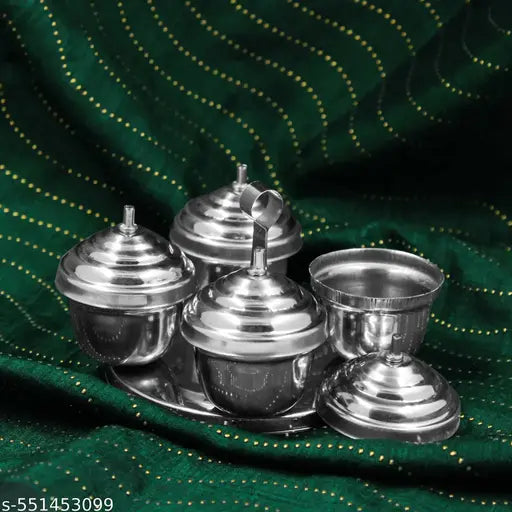 Putrika Brass Traditional Handcrafted Stainless Steel Kumkum Holder For Pooja | Puja Worship | Puja | Roli | Chawal | Chandan | Haldi | Kumkum Puja  | Sindoor | Turmeric | Dabbi- Ss 4 In 1 Dabbi