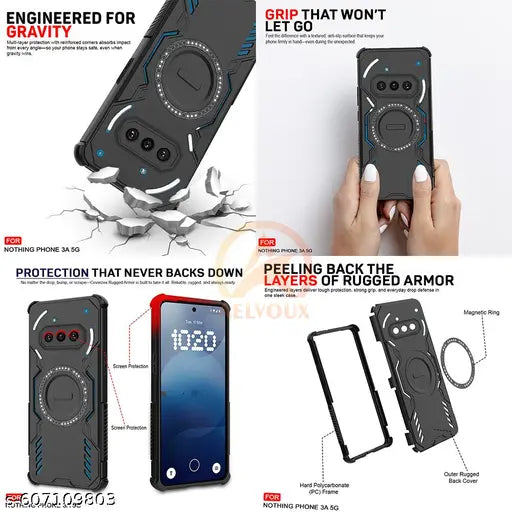 AELVOUX Back Case Cover for Nothing Phone 3A 5G | Magnetic Case with Built-in Metal Ring | Supports MagSafe Charger, Wallet & Car Mount | ShockProof Hybrid (PC + TPU, Black)