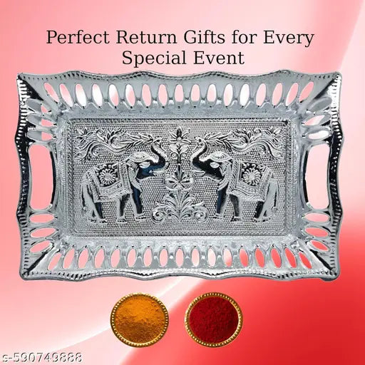 Traditional Design Medium Size Serving seer Plates Tray Silver Finish Plastic Multipurpose Decorative Designer Platters for Mukhwas Dry Fruit Return Gift Diwali Marriage Pooja (Pack of 1)