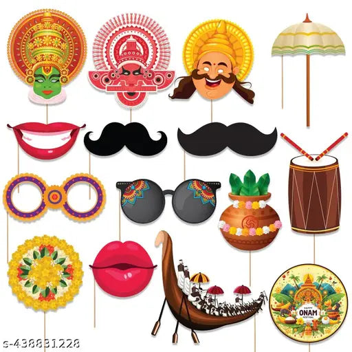 15 Pcs Happy Onam Photobooth Props, Props For Onam Decoration, Onam Decoration Item