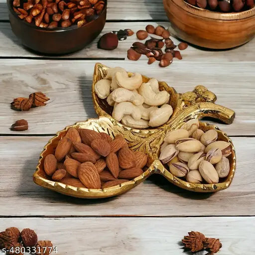 Metal 3 Part Leaf Shape Tray Perfect for Home Centre Table Serving Dry Fruits (Golden, Pack of 1) decorative showpiece