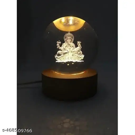 Ganesh Ganpati 3D USB LED Crystal Ball Night Lamp - Home Decor, Night Light, Table LED Wooden Crystal Ball Night Lamp for Home, Office, Decoration, Birthday, Diwali Gifts, Men, Women, Kids
