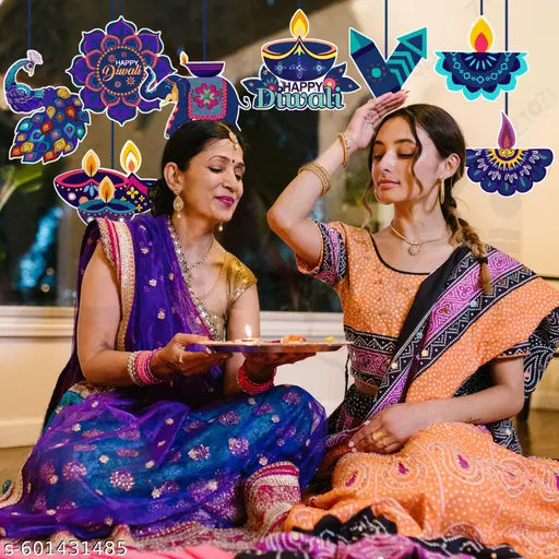 Zyozi® Diwali Decorations Ceiling Hanging, Traditional Festive Mandala Design, Colourful Diya and Elephant Cutouts, Deepavali Decorations Item (Pack of 9)