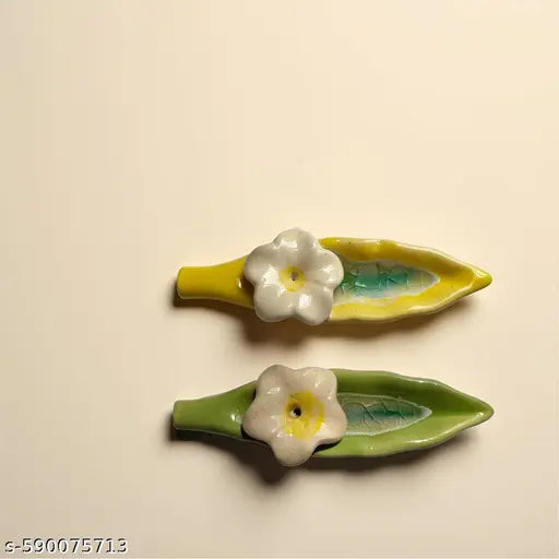 Kraftlik Handicrafts Leaf Ceramic Incense Stick Holder | Stylish Leaf-Shaped Agarbatti Stand for Pooja & Home Décor – Decorative Ceramic Showpiece Set of 2 (YELLOW-GREEN)
