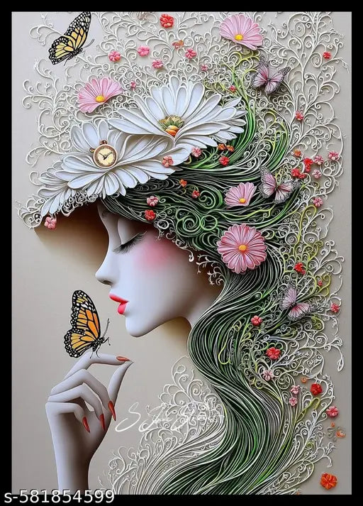Elegant Floral Lady A4 Wall Art | 3D Quilling-Inspired Framed Poster | Nature Beauty with Butterfly Design