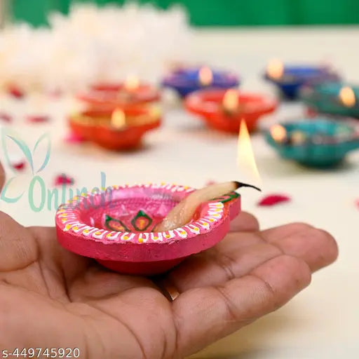 PAck of 12 Pice Unic Design Decorative Clay Diya, Glossy Finish Color Designer Clay Diyafor puja Earthenware (Pack of 12) Table Diya Se