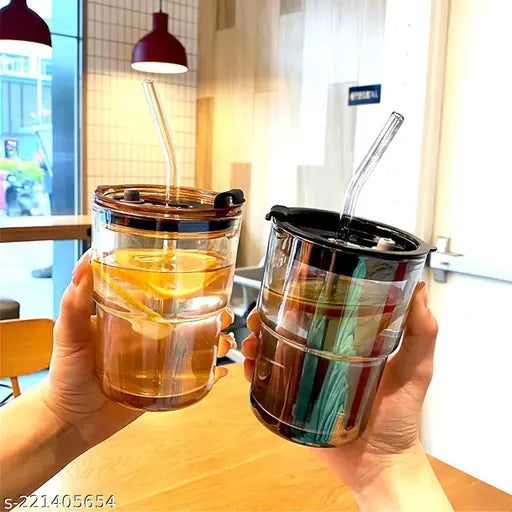 Black Borosilicate 400ml Tumbler with Straw and Leather Sleeve Glass Coffee Mug for Hot and Cold Beverages Office and Travel Mug Use For milk product, coffee, bubble tea, Cold Beverages.
