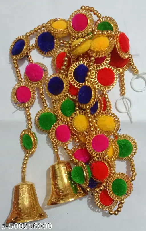 2 Pcs Handmade Wall Door Red Yellow Green blue Hanging Pom Pom Torans Garland Bandhwar with Golden Bells Decoration Item, Home Decoration, Diwali Decoration, temple Room. home ,ofic etc