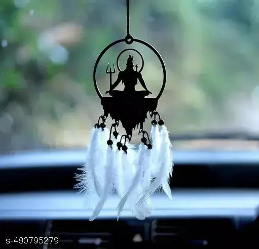 Wooden Art Deco Created Mahakal White Color Car Hanger, Handmade Dream Catcher Design (Pack of One)