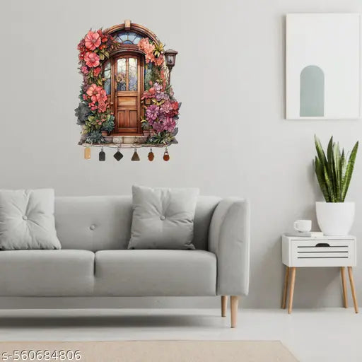 Wooden Key Holder for Wall | 12x9 Inches Floral Door Design | Pine Wood Key Hanger with 6 Hooks| Decorative Wall Hanging Key Stand | Wooden key holder for wall | Key hanger for wall decorative | Designer key holder for home | Pine wood key stand | Wall mo