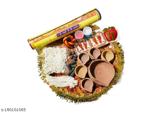 Diwali Pooja Steel Thaliset with Pooja Samagri and Diyas, Laxmi Mata Poster