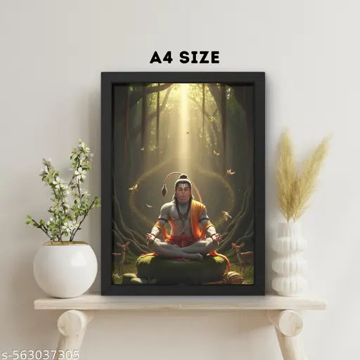 Meditating Lord Hanuman Wall Frame – Spiritual Forest Art Poster