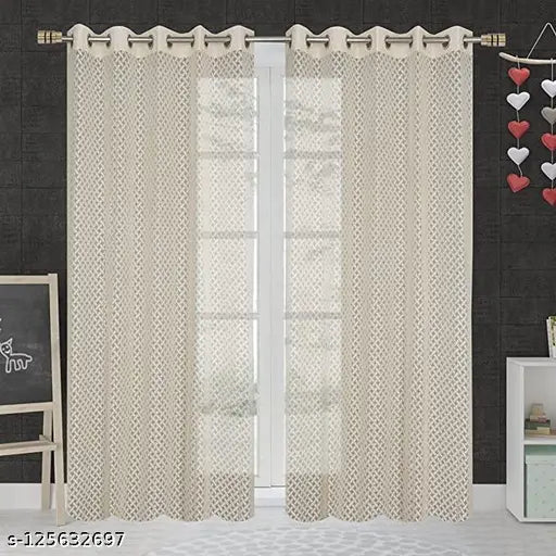 SET OF 2 PIECE OF CREAM COLOR HEAVY CROSS NET CURTAINS FOR DOOR AND WINDOW.