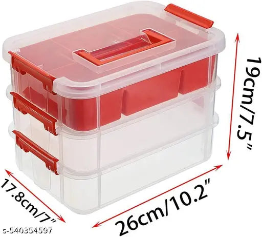 3 Layer Plastic Storage Containers with Lids, Multipurpose Clear Stack & Carry Box, Portable Craft Organizers, and Storage Bin for Organizing Arts & Crafts, Sewing, stationery box,(Red)