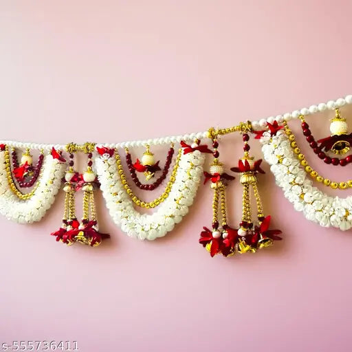 Artificial Jasmine & Red Flower Toran Bandarwal | Decorative Door Hanging with Beads & Bells