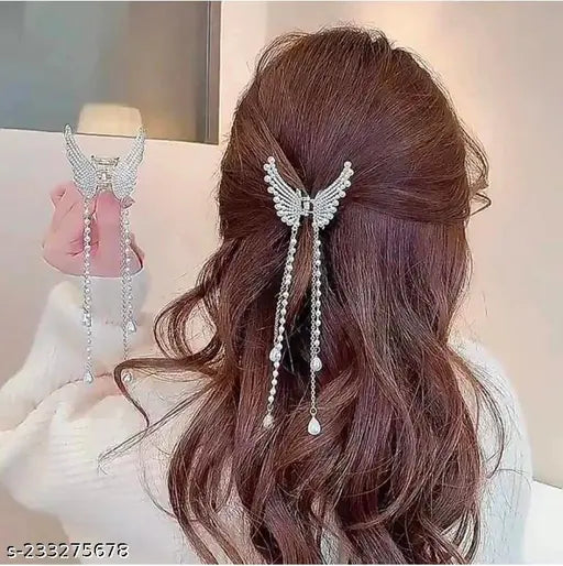 Dazzle Pearl Tassel Butterfly Style Hair Claw Clip Metal Clutcher Claw Clamps Korean Style Wedding Hair Accessories For Girls And Woman (Pack of 1)