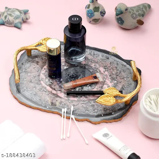 DULI Grey color Oval Resin Serving Tray with Golden Handle for Home and Dining Table | Multipurpose Tray (12x9 inch)