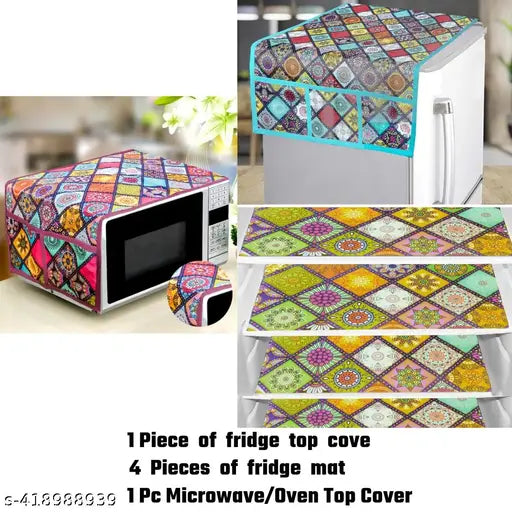 Crosmo 1 Pc Microwave / Oven Top Cover + 1 Pc Fridge/Refrigerator Top Cover + 4 Fridge Mate